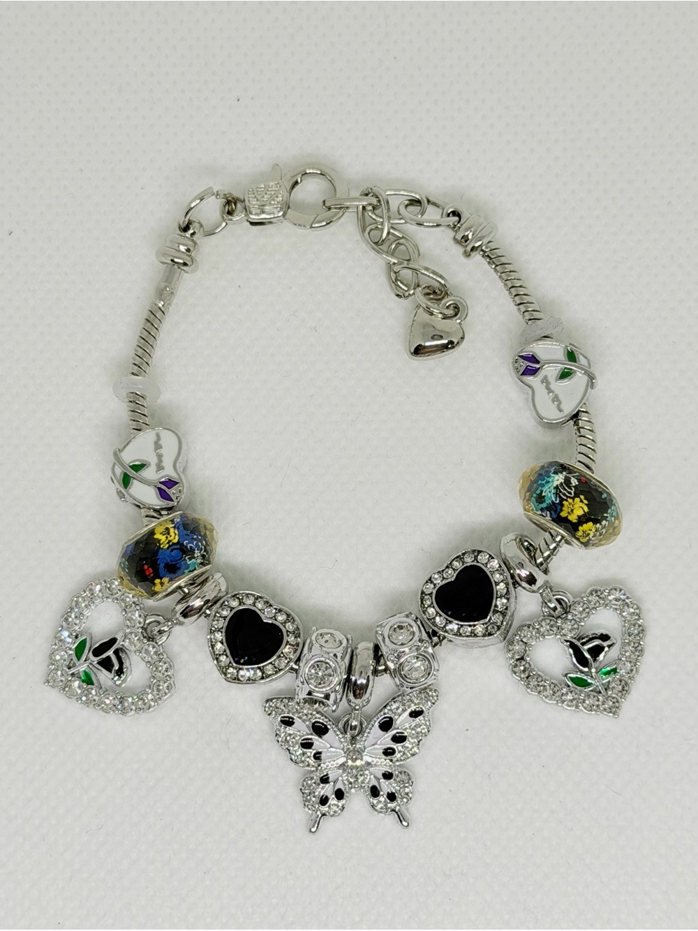 Silver-Tone Heart & Butterfly Charm Bracelet with Black Accents